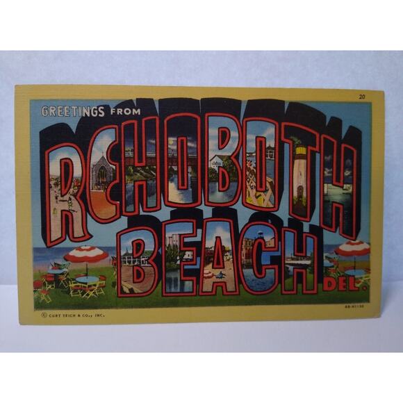 Greetings From Rehoboth Beach Delaware Large Big Letter City Town Postcard Linen - Picture 1 of 2